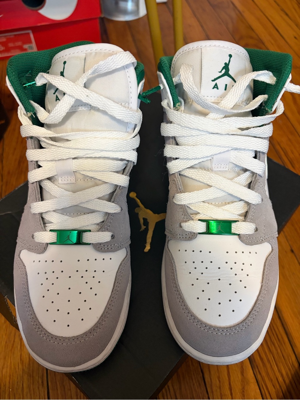 Jordan Kids High-Top Sneakers in White, Gray & Green